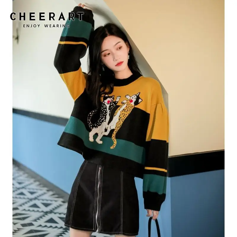 

CHEERART Pullover Sweater Women Cartoon Print Striped Loose Knitted Sweater Pull Femme Loose Jumper Crop Sweater Fall 2019