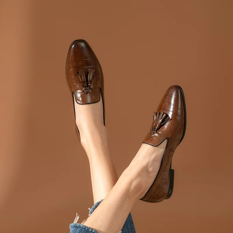 US $67.99 Beautoday Loafers Women Calfskin Leather Alligator Pattern Fringe Slip On Waxing Round Toe Retro Casual Ladies Flat Shoes 27278