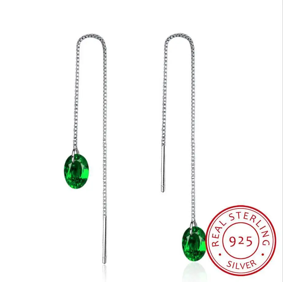 

New Exquisite Personality Long Tassel Ear Line 925 Sterling Silver Jewelry Moonstone Green Round Crystal Dangle Earrings