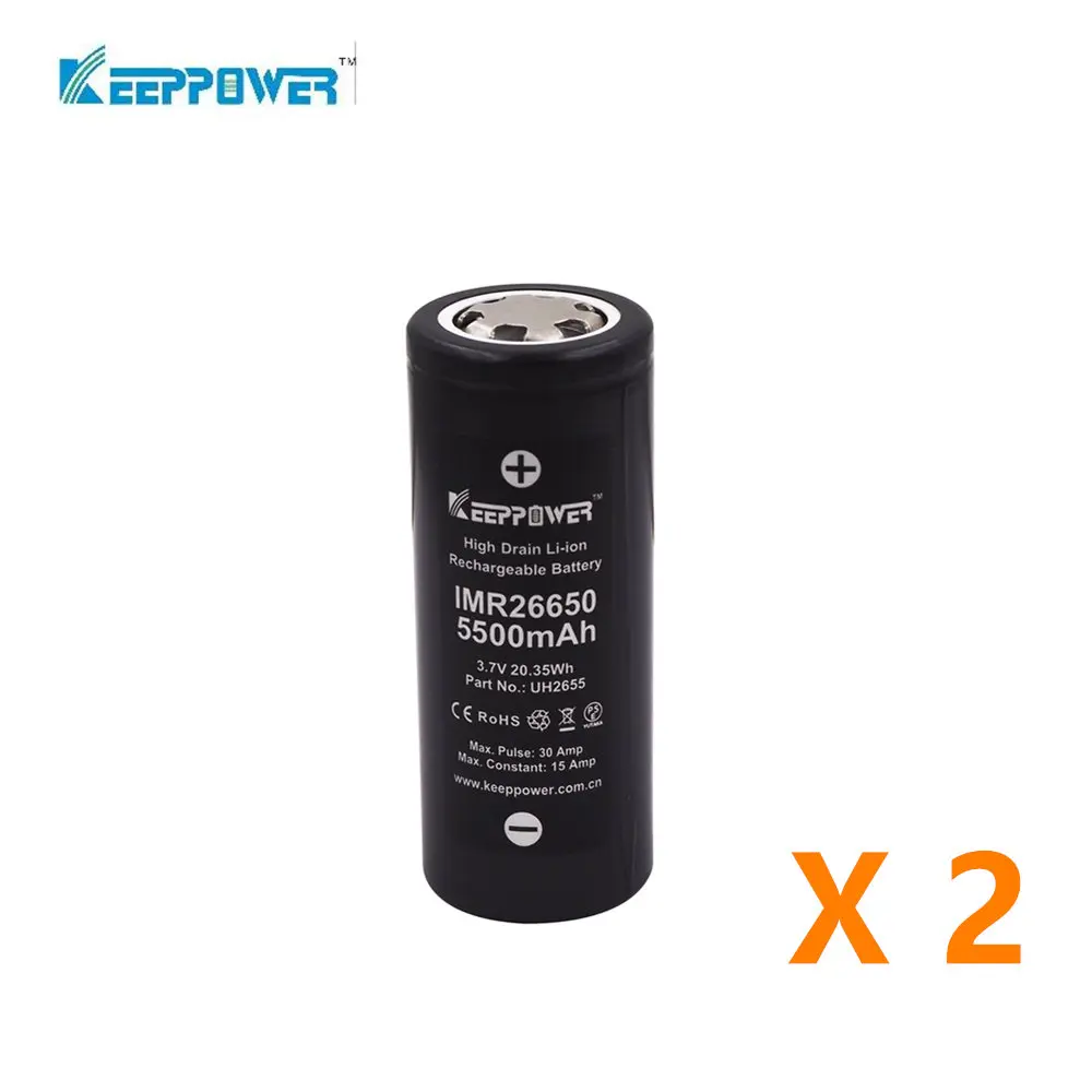 2 шт Keeppower 26650 Максимальная 30A разрядка 3,7 V 5200 mAh/5500 mah 19.24Wh IMR перезаряжаемая литиевая батарея