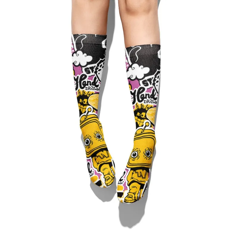 1 Pairs Harajuku Funny Happy Kawaii Hip Hop Women Socks Casual Graffiti Unisex Long Socks Colorful Female Thigh High Socks