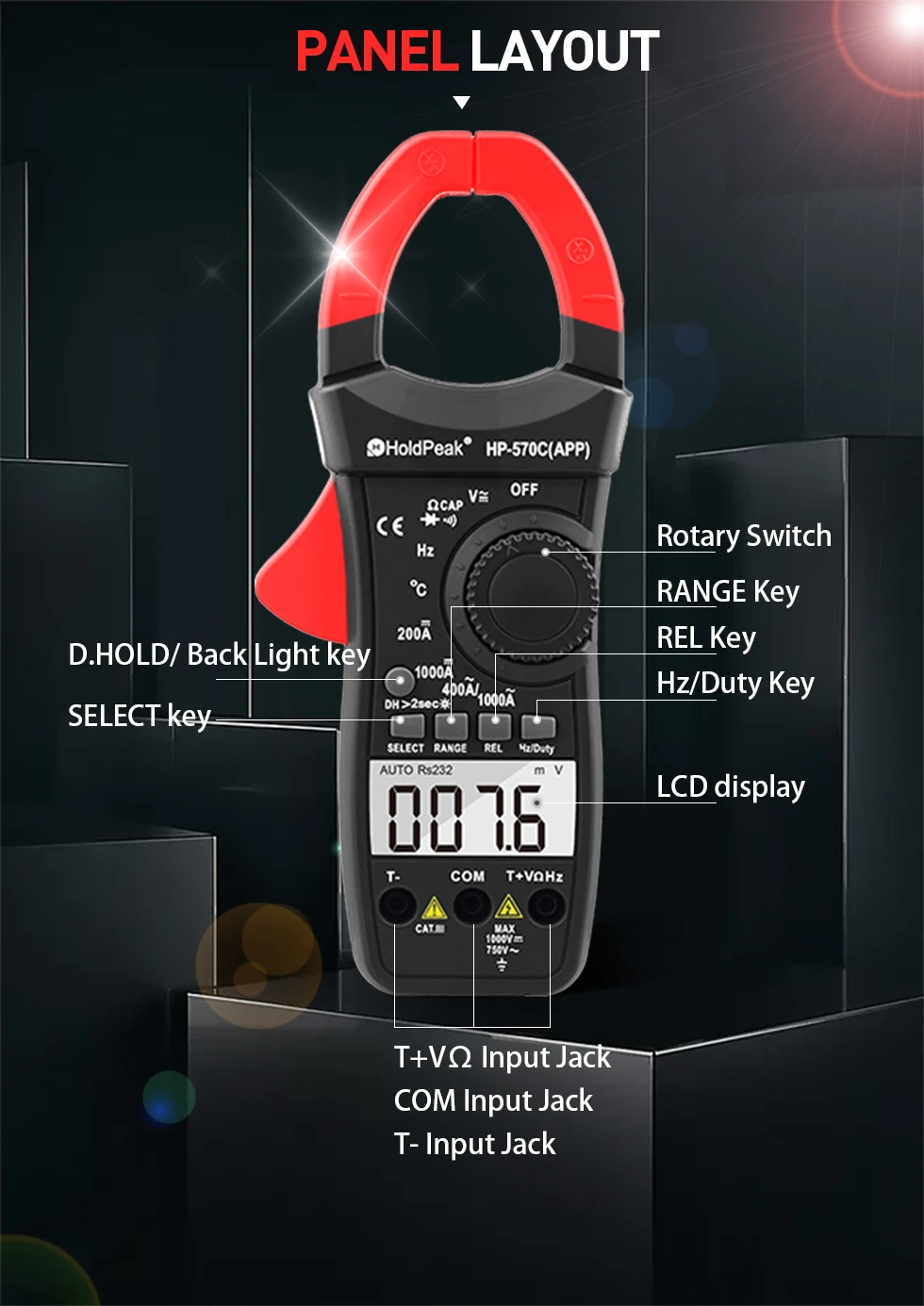 HoldPeak Digital Clamp Meter HP-570C-APP 1000A AC/DC Current Voltage Capacitance Temperature Multimeter Connect to Phone Tester