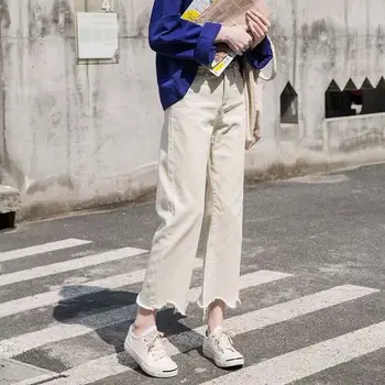 

Women Autumn Solid Color Loose Denim Wide Leg Loose Elastic High Waist Tie Straight Casual Pants