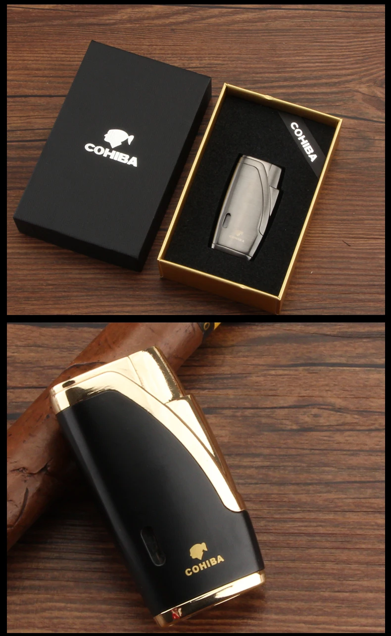 COHIBA бутан Зажигалки для сигар ветрозащитный струйный фонарь Зажигалка Газ заправка металлический карман Синий Пламя прикуриватель W/сигары удар