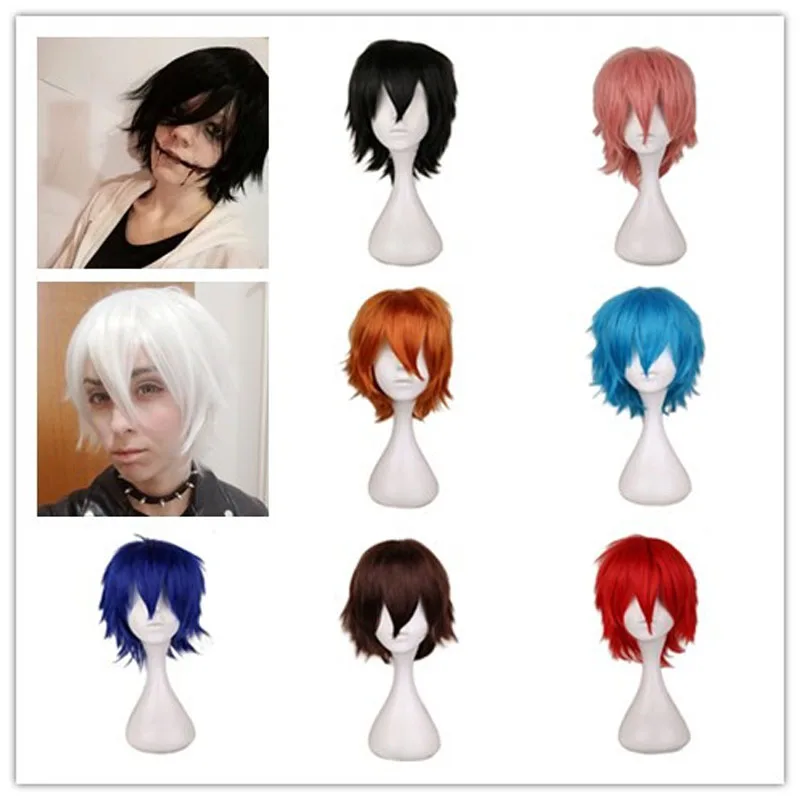 QQXCAIW Male Wig Black White Purple blonde Red Short Hair Cosplay Anime Costume Halloween Wigs Synthetic Hair With Bangs For Men synthetic lawyer long grey white wigs judge baroque curly male blonde wigs deluxe halloween costume cosplay wig wig cap