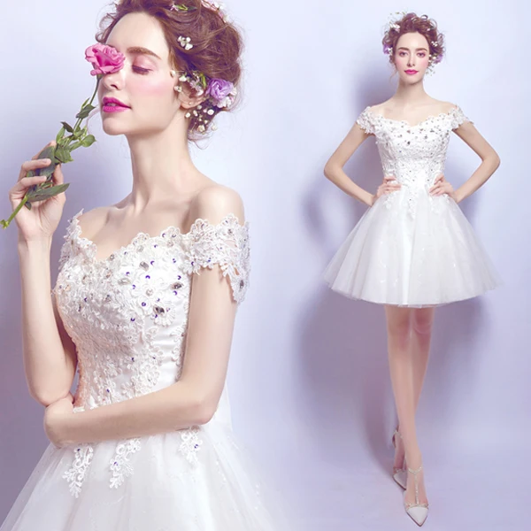 Short summer lace fairy white sweet lady girl women princess bridesmaid banquet party performance dress gown