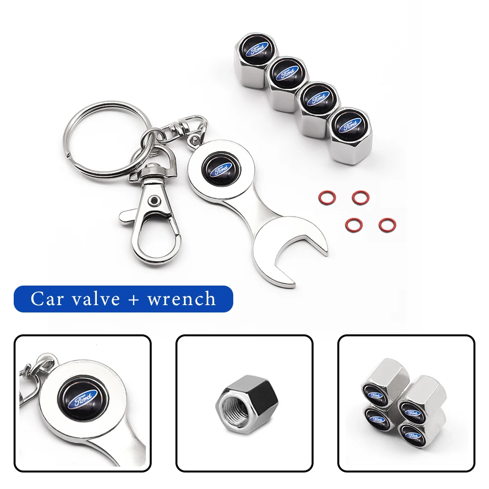 

4pcs Wheel Tire Valve Caps Wheel Tire Parts Valve Stem Caps Cover Car Logo Keychain For Ford Focus 1 2 Kuga Fusion Mondeo Fiesta