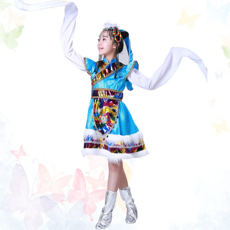 Children National Minority Nation Costume CHILDREN'S Performance Wear Tibetan Clothes Tibetan Dance Costume Long White Silk Slee