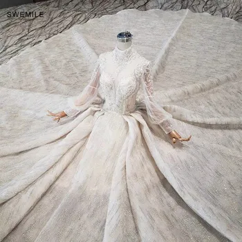 شراءصور حقيقية العربية الفاخرة الدانتيل فستان الزفاف الرقبة العالية مطرز الملكي الدانتيل حتى الزفاف فستاين سهرة/فساتين الحفلات كاتدرائية قطار ...