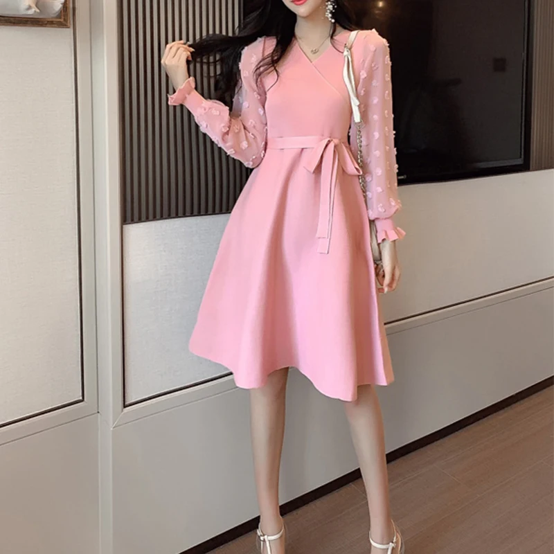 Романтическое женское корейское вязаное розовое вечернее платье осень-зима с