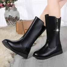 Botas de tubo medio para mujer, botines planos antideslizantes y cómodos de cuero, botas de nieve cálidas antideslizantes para exteriores, otoño e invierno, 2021