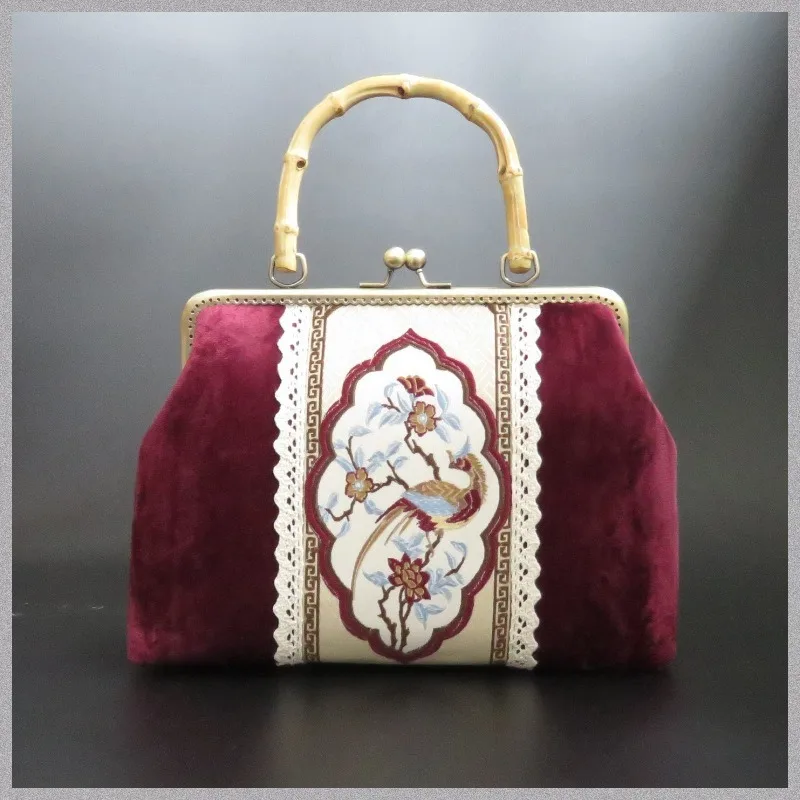 

Handmade Bag Gold Bag Vintage Chinese-Style Handbag Banquet Cheongsam Hanfu Raw Wood Handle Cross-Body Women's Bag Bridal Bag
