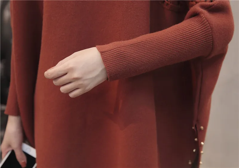 Осенне-зимний свободный шерстяной кардиган женский полувысокий воротник пуловер рукав «летучая мышь» крюк цветок полый свитер с бусами