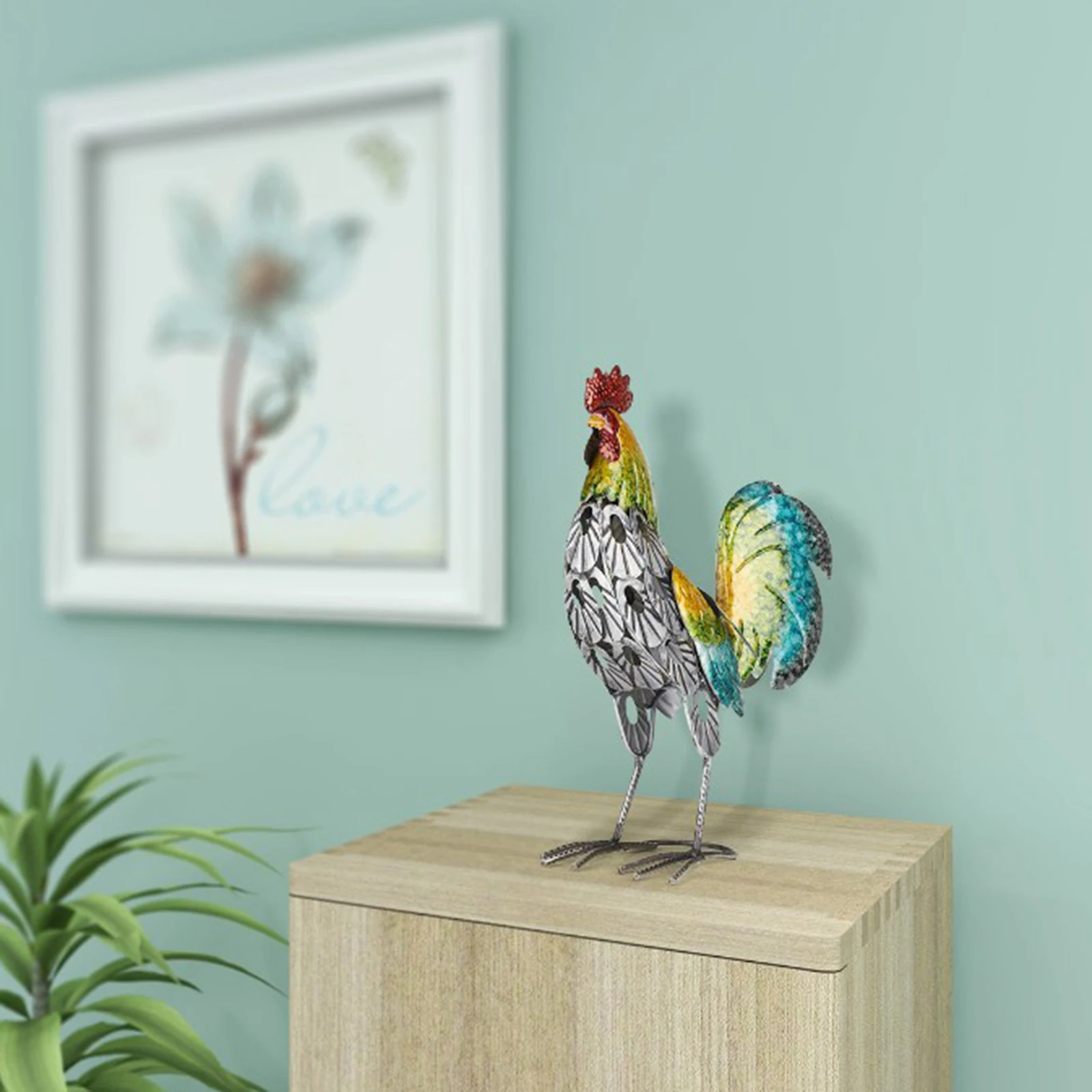 Painted Cast Metal Rooster Sculpture Animals Crafts Art Collections Living Room Table Decoration Accessory