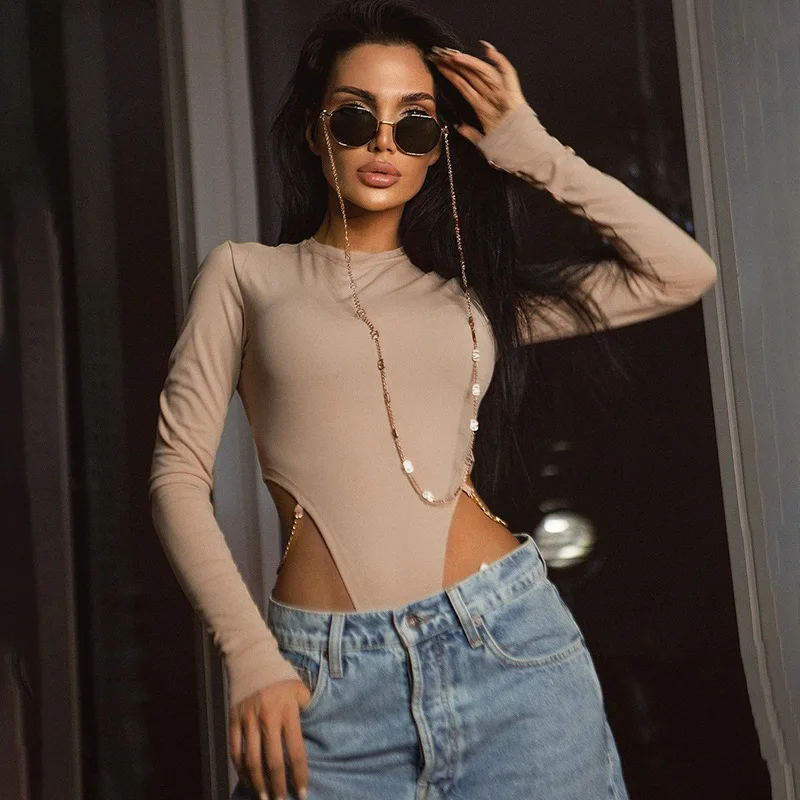 SEASONS-body liso con Tanga de manga larga para mujer, ropa informal ajustada con cuello redondo Sexy, básico para primavera y verano, ASJU82529