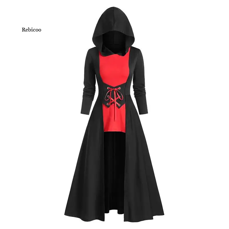 

Medieval Vintage Women Dress Lace-Up Hooded Robe Cloak Knight Gothic Cosplay Halloween Costume Autumn Winter