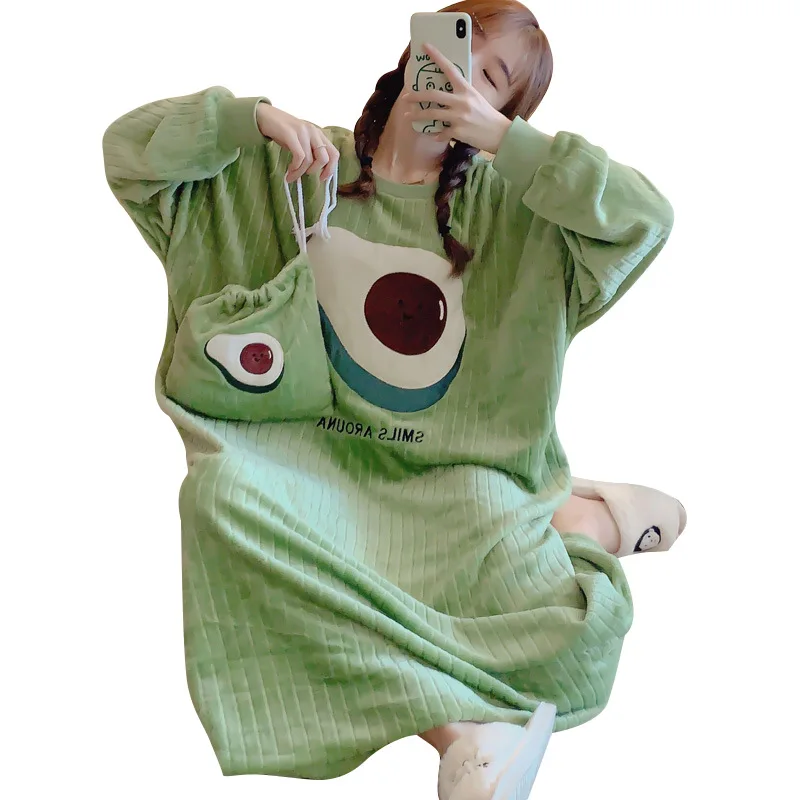Autumn and winter nightdress women's coral velvet Korean version sweet avocado flannel nightdress women's home clothes