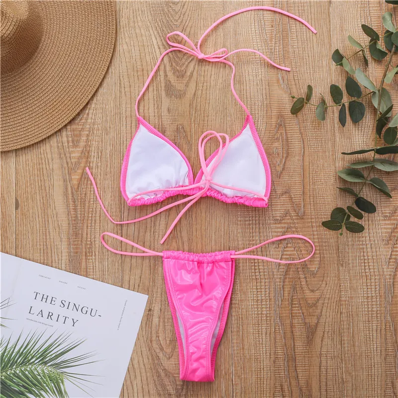 Sexy Bright Leather Bikini Deep V Swimwear Women Swimsuit Halter Push Up Bikini Set Bandage Bathing Suits Summer Beach Wear
