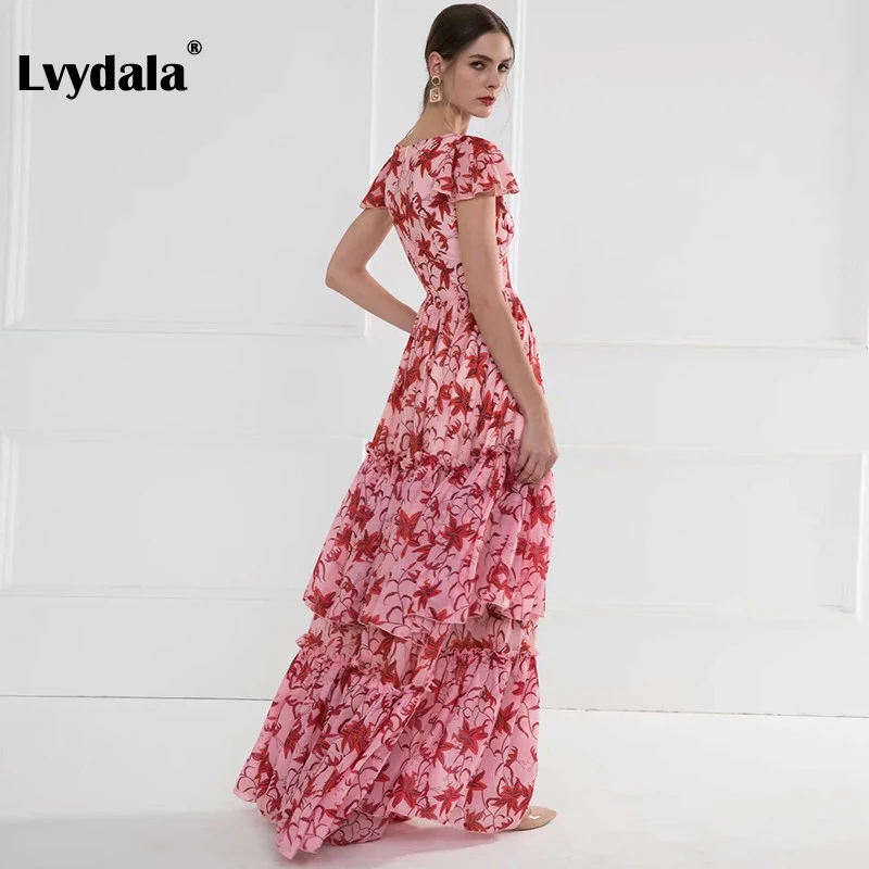 Lvydala, высокое качество, сексуальное платье макси, летнее, женское, короткий рукав, v-образный вырез, цветочный принт, оборки, для праздника, вечеринки, элегантное, макси платье