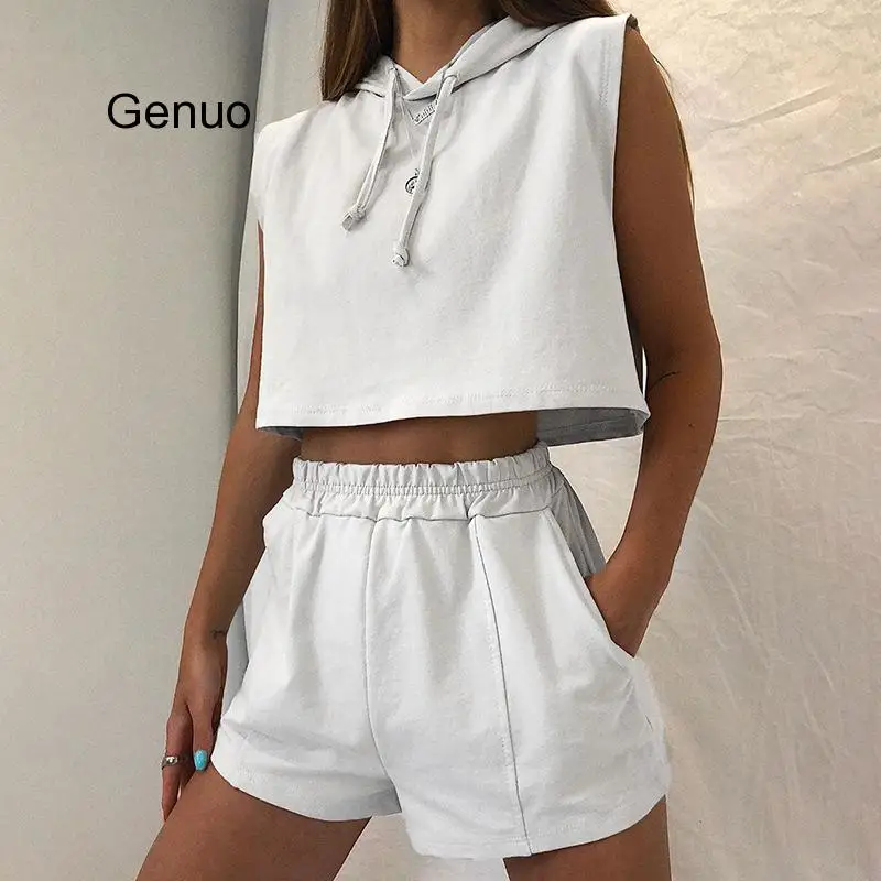 Solid Color Casual Two Piece Sleeveless Hooded Loose Women's Shorts Set Home Summer Fashion Suit Sports Suit 2020 New home shoes storage box sports shoes organizer wardrobe clothing protect various flip flop high heels bathroom doorway collect