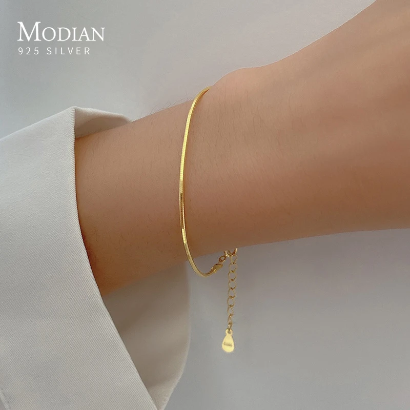 Modian Classic Basic 925 Sterling Silver Fashion Simple Gold Color Snake Chain Bracelet for Women Link Bangle Fine Jewelry | Украшения и
