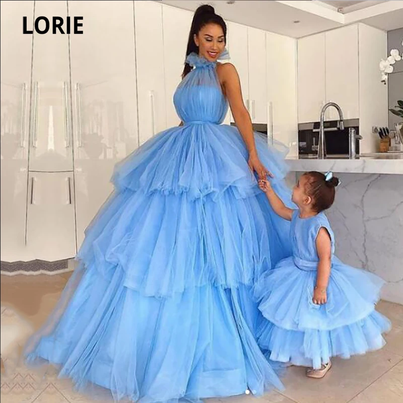 

LORIE Fairy Blue Ball Gown Prom Dresses 2021High Neck Mother And Daughter Tiered Tulle Formal Party Evening Gowns for Graduation