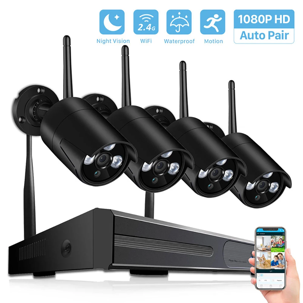 4CH/8CH CCTV Беспроводная система 1080P H.265 NVR 2.0MP наружная Водонепроницаемая Wifi камера безопасности система ночного видения комплект наблюдения - Цвет: 4ch NVR 4 1080P Cams