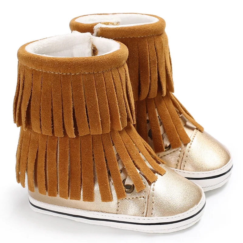 Ботинки для маленьких девочек; зимние ботинки для новорожденных девочек; зимние пинетки для малышей с кисточками; обувь для малышей 3-12 месяцев - Цвет: Золотой
