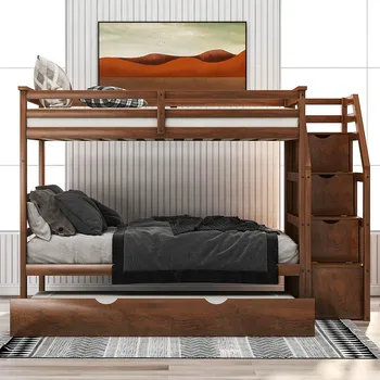 

Twin-Over-Twin Bunk Bed High Quality American Style Solid Wood Designs Furniture Children Bunk Bed with Shelves with Storage