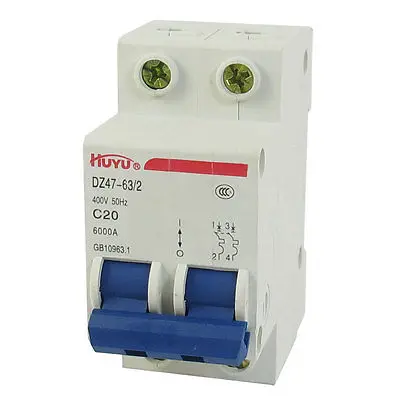 

DZ47-63 C20 2 Pole 2P DIN Rail MCB Miniature Circuit Breaker 20A 400V AC