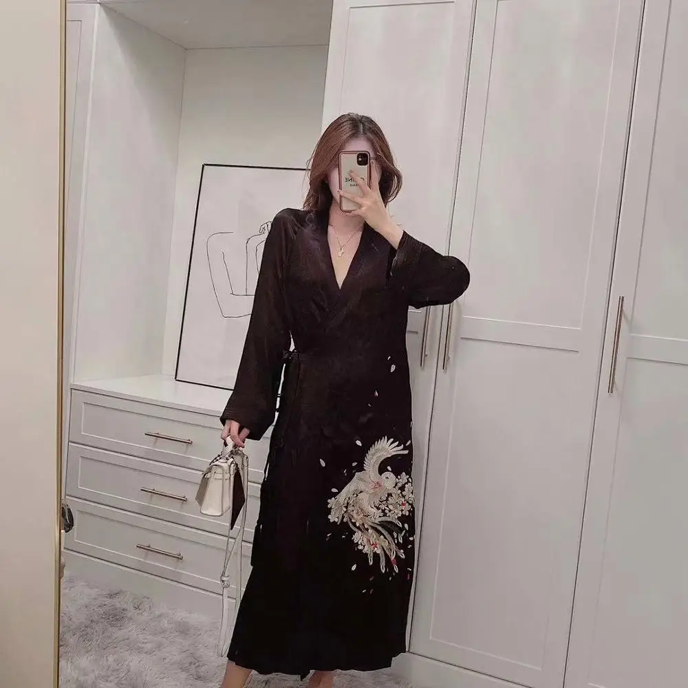 VUWWYV Za 2021 Black Contrast Phoenix Embroidery Dress Women Long Kimono Vintage Wrap Maxi Woman Dress Full Sleeve Belt Dresses