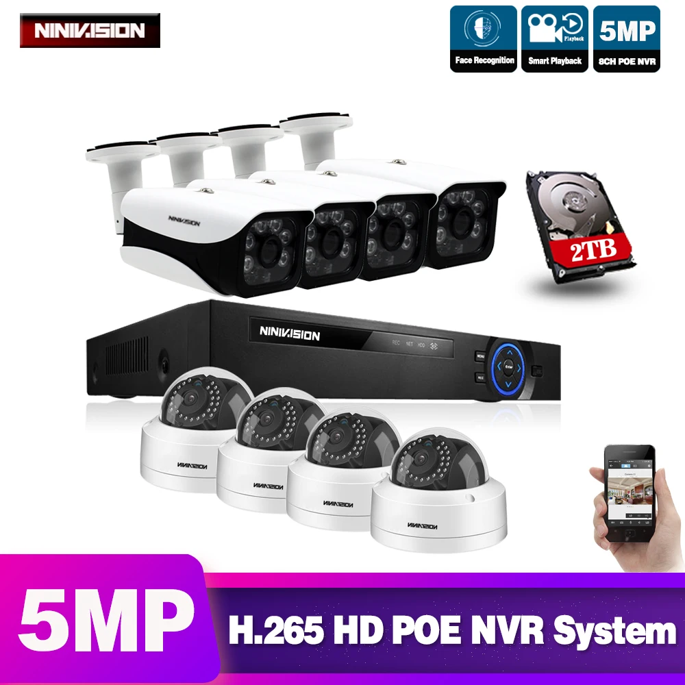  8CH POE NVR Kit detección facial registro de Audio CCTV sistema de seguridad 5MP IR al aire libre P