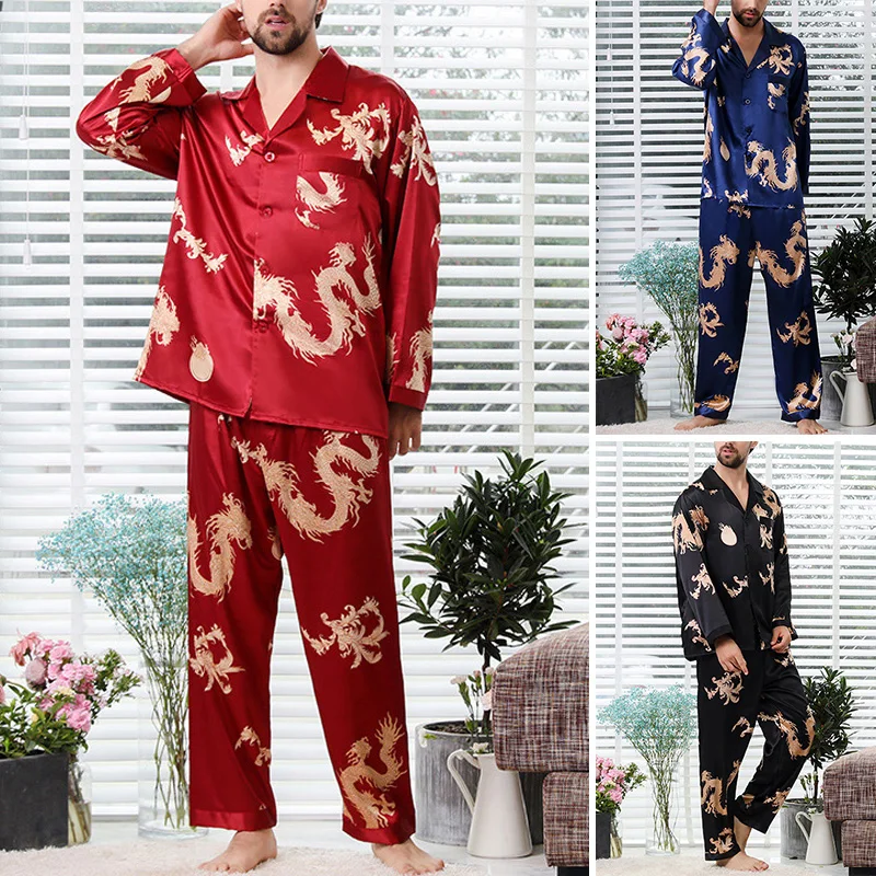 Мужские пижамные комплекты в китайском стиле, комплект из 2 предметов, пижамы, топы с длинными рукавами+ брюки размера плюс, Мужская Ночная домашняя одежда