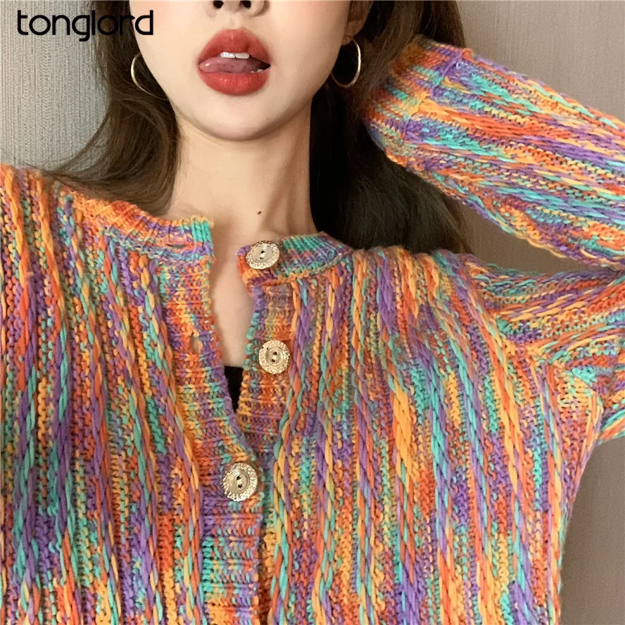 

Tonglord spring and autumn 2020 ins loose outer knit cardigan jacket jacket female wild round neck long sleeve rainbow sweater