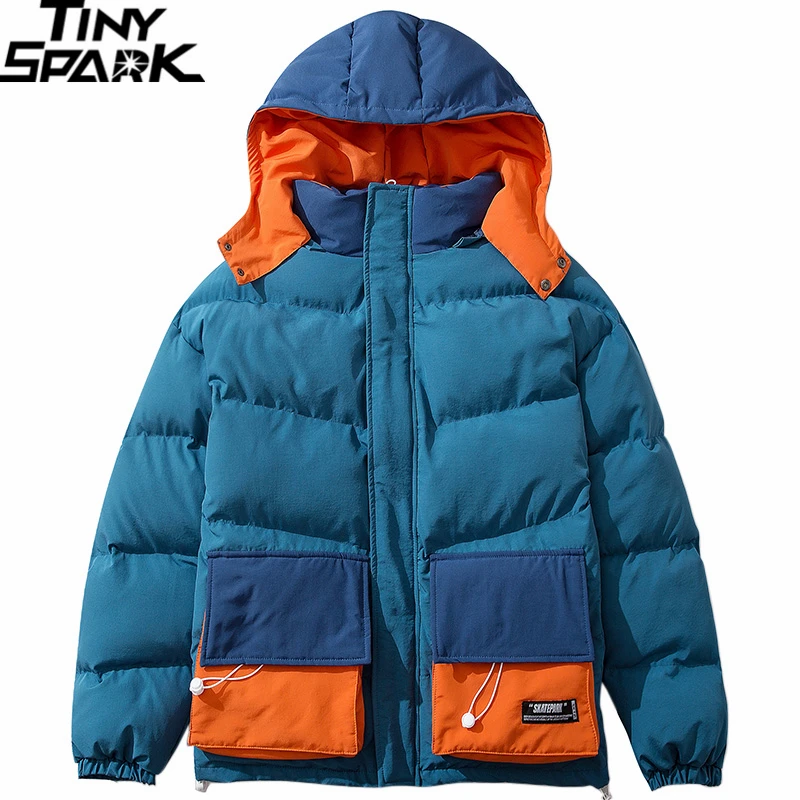 

Men Jacket Padded Parka Winter 2019 Hip Hop Streetwear Windbreaker Pocket Harajuku Retro Color Block Hooded Trench Coat Oversize