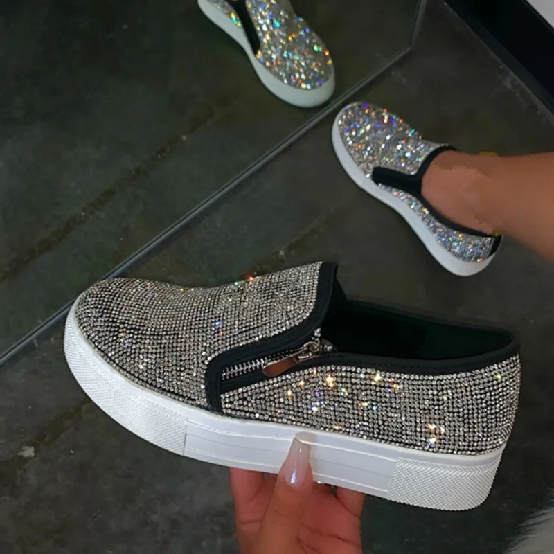 Zapatillas de deporte con cristales para mujer, zapatos planos informales, antideslizantes, transpirables, vulcanizados para exteriores, para primavera y otoño, 2021