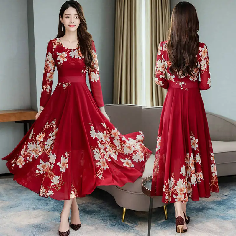 

2019 Early Autumn New Style Bohemian WOMEN'S Dress Printed Fashion Dress Waist Hugging Slimming Elegant over-the-Knee Long Skirt