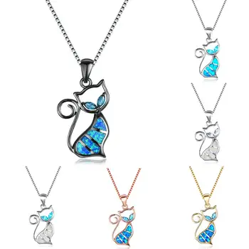 

Cute Boho Female Blue White Opal Necklace Silver Color Black Cat Necklace Big Animal Pendants Necklaces For Women