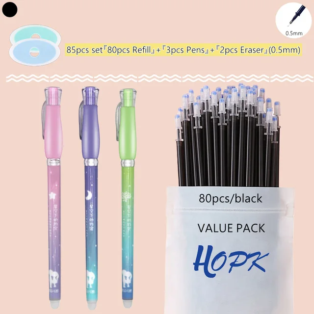 85Pcs/Set Blue Black Ink Gel Pen 0.5mm Erasable Refill Rod Erasable Pen Washable Handle School Writing Kawaii Stationery Gel Pen 0.5mm Black set F