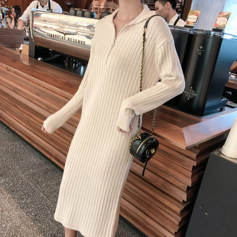 

Winter Sweater Dress Women Long Sleeve Turn-Down Collar Zipper Knitted Women Dresses Ribbed Warm Pullover Dress Robe Femme