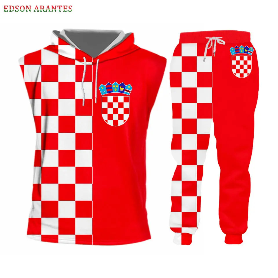 Custom S-6XL Croatia Flag Men's Sportwear Sets Luxury 3d red white Grid Print Zipper Jackets Hoodie T-shirt Tank Joggers Pants (5)