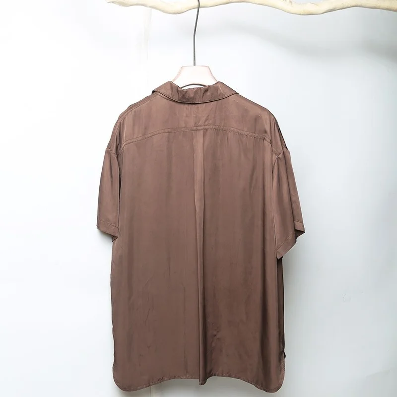 

Футболка мужская из ледяного шелка, свободная рубашка с лацканами и короткими рукавами, в японском стиле ретро, на пуговицах, брендовая Дизайнерская одежда, на лето