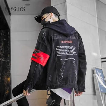 

NAGRI Hole Denim Jackets Men Jeans Coat Hip Hop Jacket Streetwear 2019 Spring Autumn Black Jacket Men's denim jacket