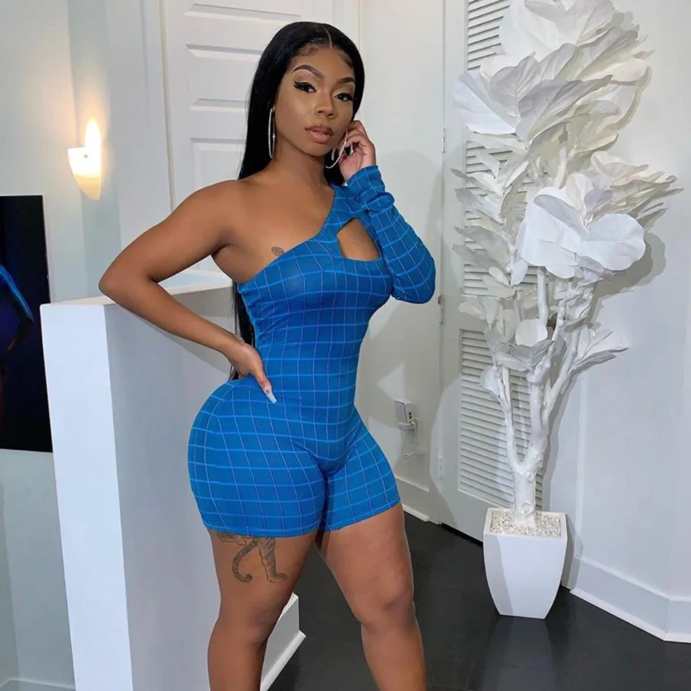 

2020 Fashion Jumpsuit Women One Shoulder Long Sleeve Plaid Casual Bodysuit For Women Hollow Out Bodycon Jumpsuit