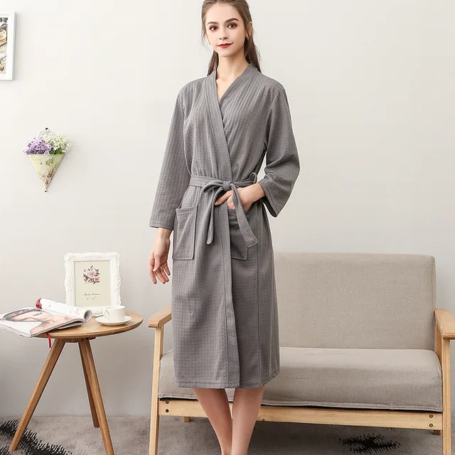 Women Summer 2021 Long Bath Robe Pajamas Kimono Solid Waffle Bathrobe With Sashes Dressing Gown Sleepwear Female Homewear Peignoirs et Pyjamas Cocooning.net