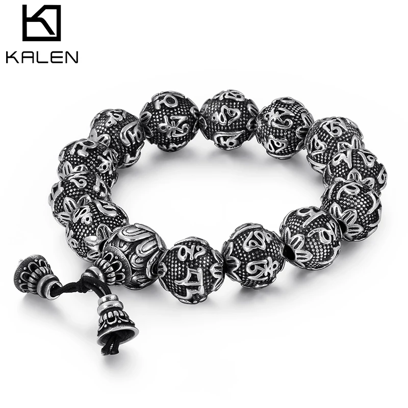 

KALEN Punk Stainless Steel Mysterious Symbol Charm Bracelet Men Elastic Strand 13mm 15mm 17mm Beads Heavy Bracelets Jewelry