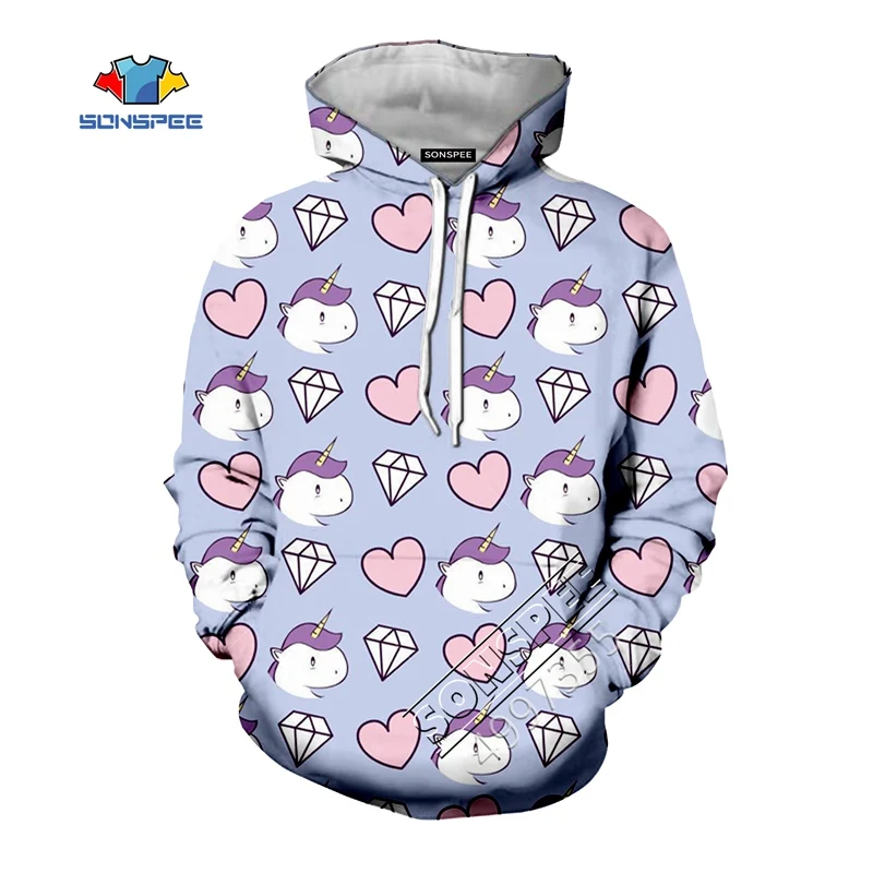 SONSPEE Unicorn Diamond Purple Harajuku 3D Clothes Boys Girls Teens t shirt Kids Tops Kawaii Cap hoodies child Sweatshirts Funny