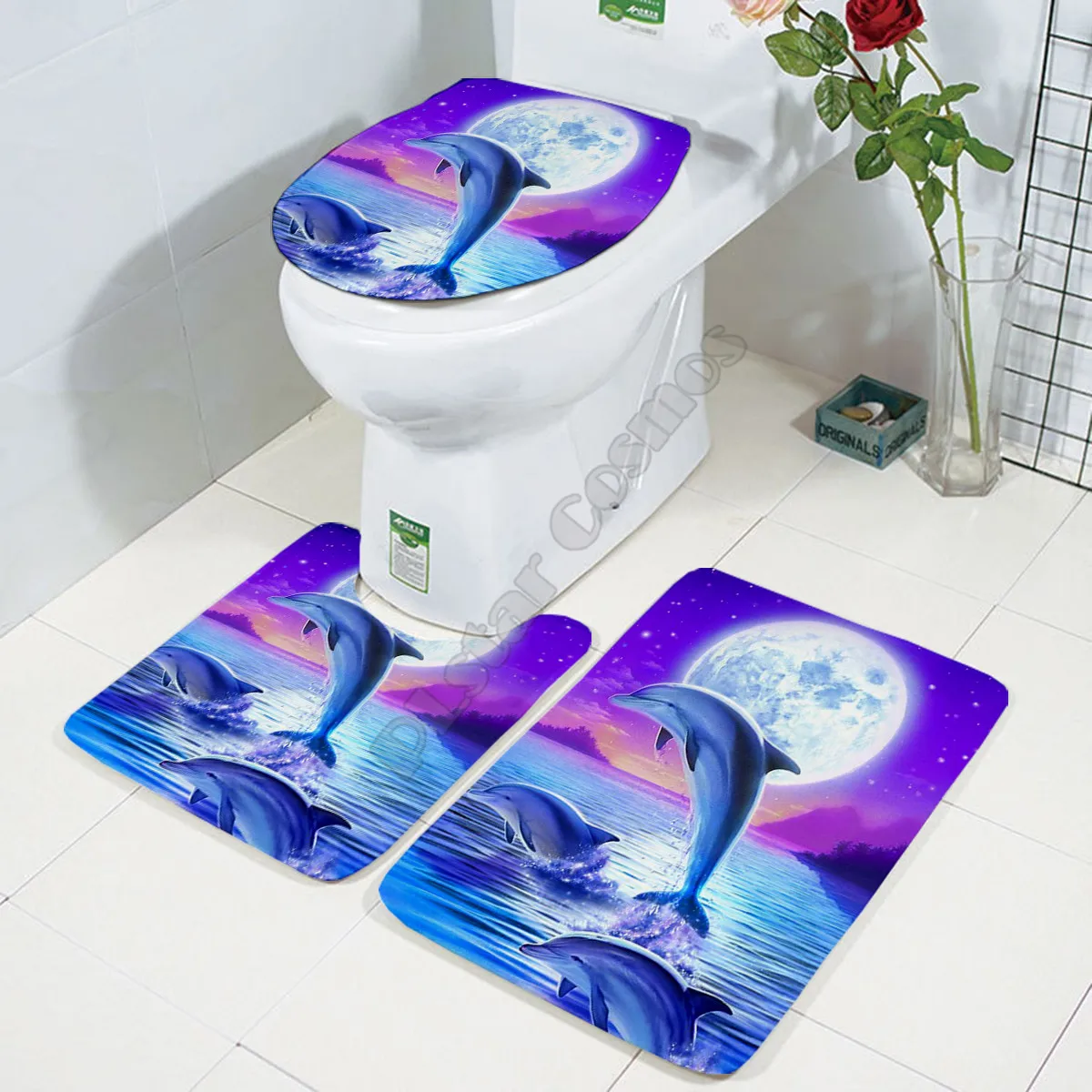 

Dolphin Three-piece set 3D printed Bathroom Pedestal Rug Lid Toilet Cover Bath Mat Set drop shipping 2