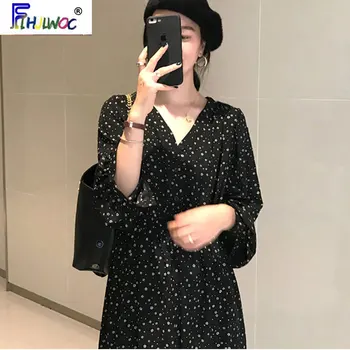 

2020 Spring Temperament Dresses Women Long Sleeve Slim Waist A Line Floral Printed V Neck Floral Printed Black Dress Long 1106