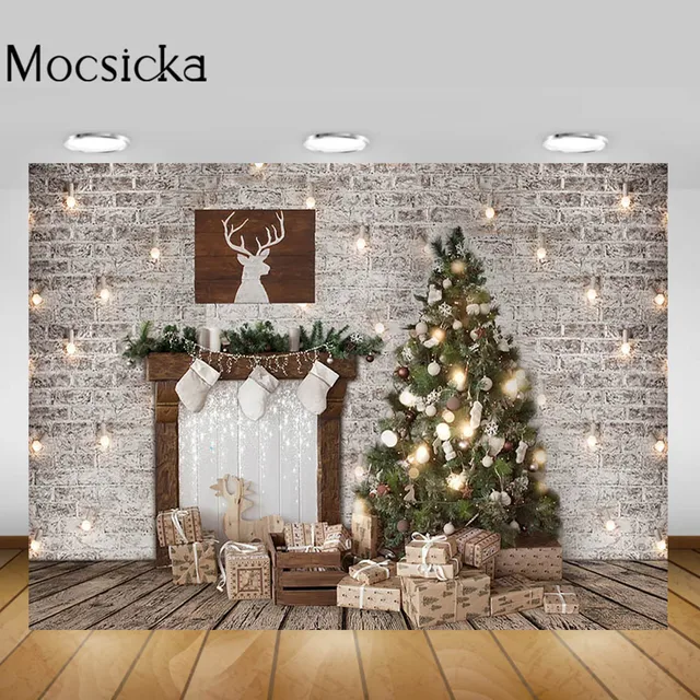 Mocsicka Christmas Living Room Backgrounds Christmas Tree Fireplace Garland Xmas Backdrop Decorations Newborn Photography Props Style-24